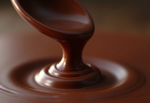 A rich, glossy close-up of chocolate dripping slowly from a spoon, highlighting texture and depth