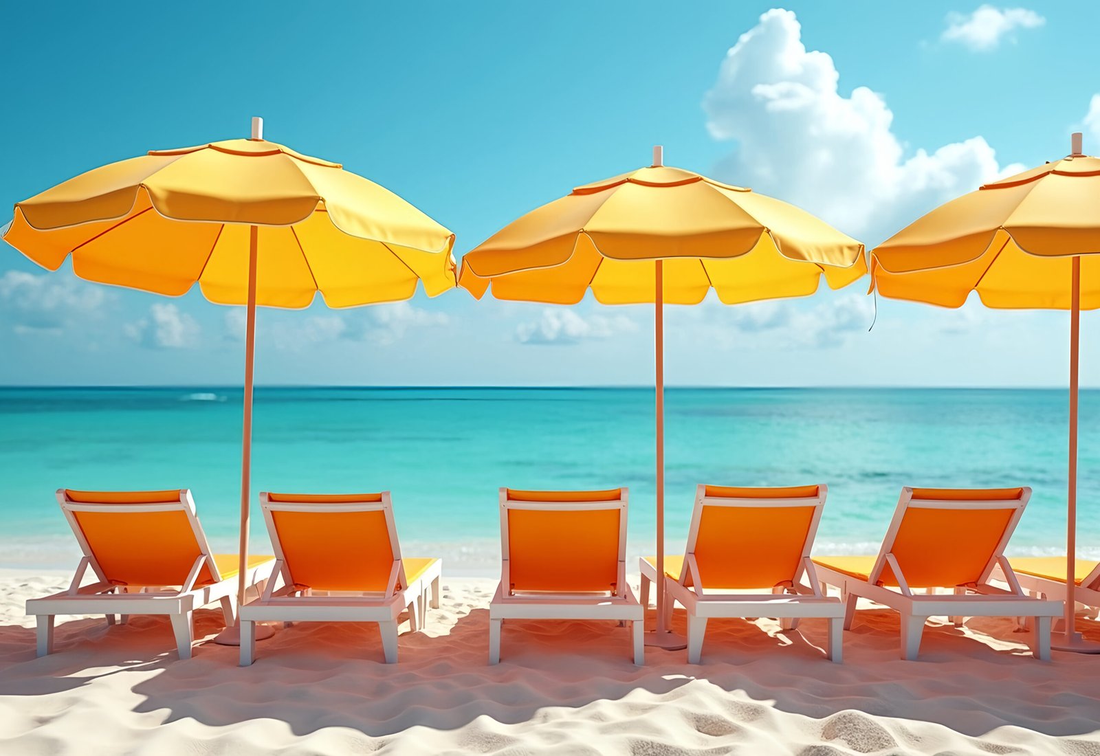 A row of bright beach umbrellas and lounge chairs lined up along a lively beach