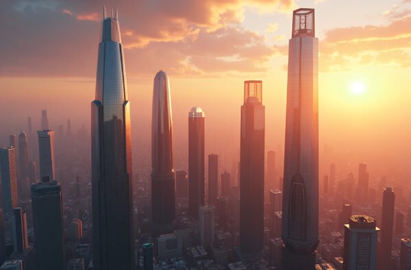 A row of sleek glass skyscrapers reflecting the sunset, set in a futuristic cityscape