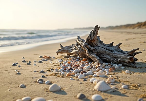 large piece of driftwood on a sandy beach scattered with seashells