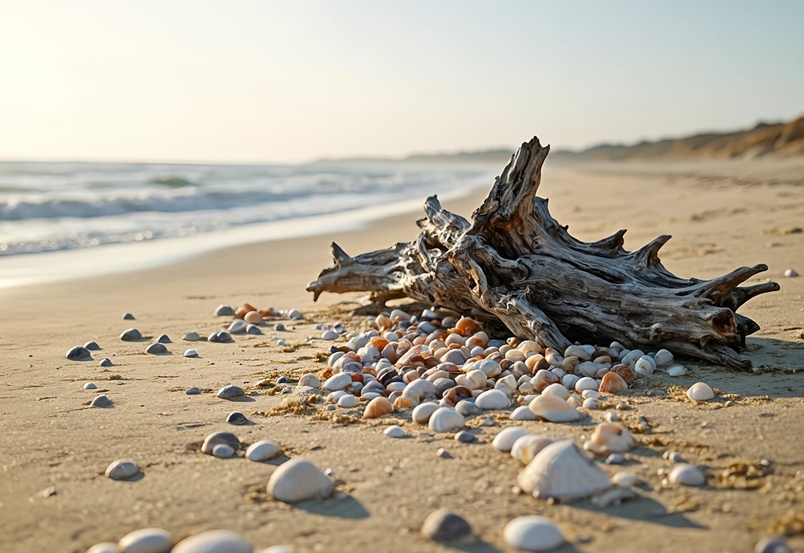 Large piece of weathered driftwood lying on sandy beach with scattered seashells around it
