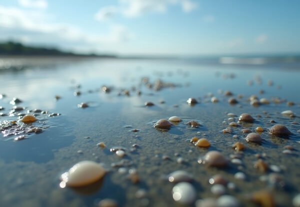 Shallow tidal pools reflecting the sky, filled with tiny sea creatures and shells