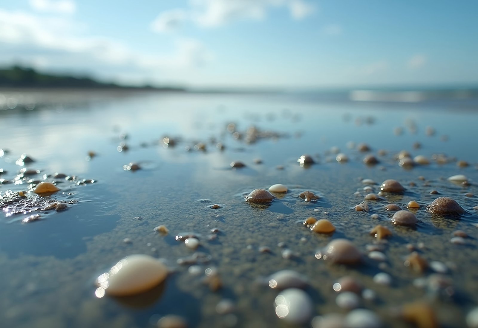 Shallow tidal pools reflecting the sky, filled with tiny sea creatures and shells