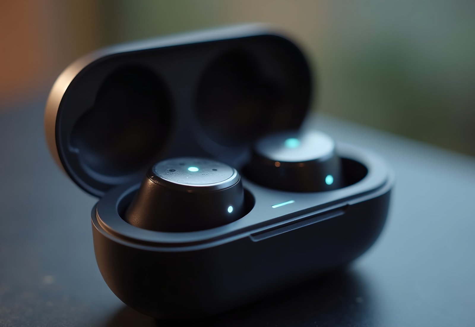 Close-up of white wireless earbuds sitting in black charging case with soft LED indicator lights showing tech detail