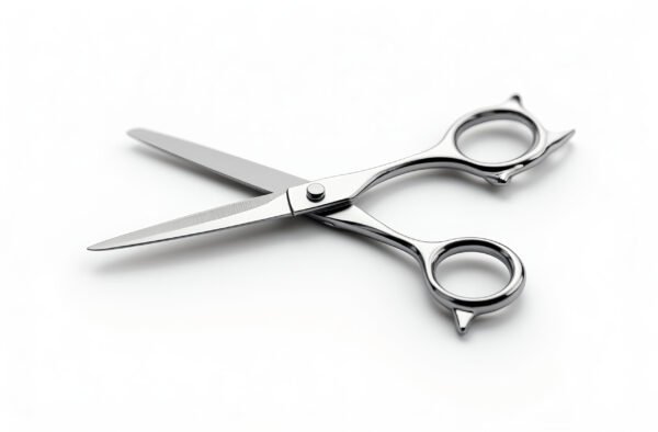 A sleek pair of silver scissors, slightly opened, ready to cut, isolated on white background