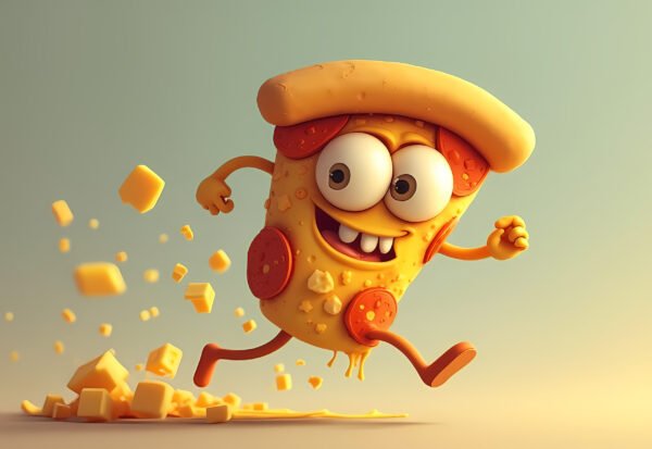 Cartoon pizza slice character with a happy expression