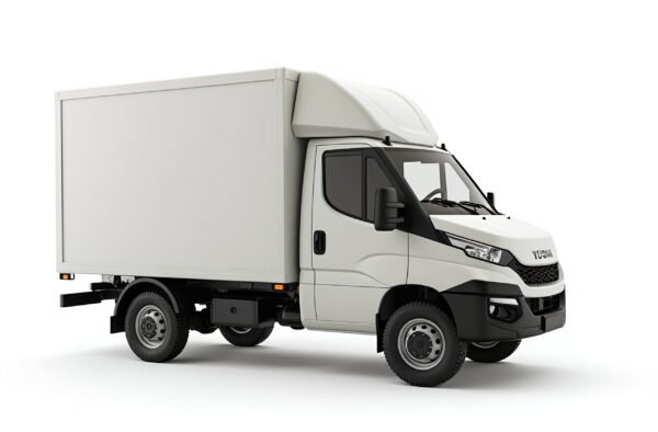 A small delivery truck isolated on a white background, leaving copy space