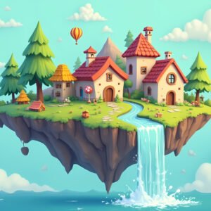 Colorful cartoon floating islands with tiny houses, trees and waterfall creating whimsical fantasy village scene