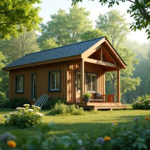 Stylish tiny house surrounded by lush green trees and nature—ideal for promoting eco-friendly living and sustainable design