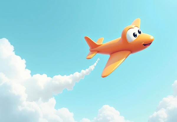 Smiling cartoon airplane flying through sky leaving a fluffy cloud trail