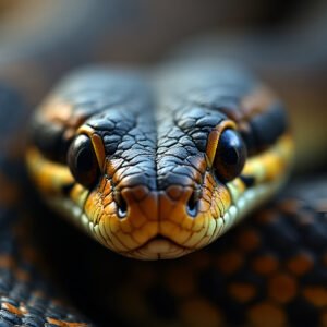 Detailed close-up of snake face showing intricate scale patterns and intense piercing eyes