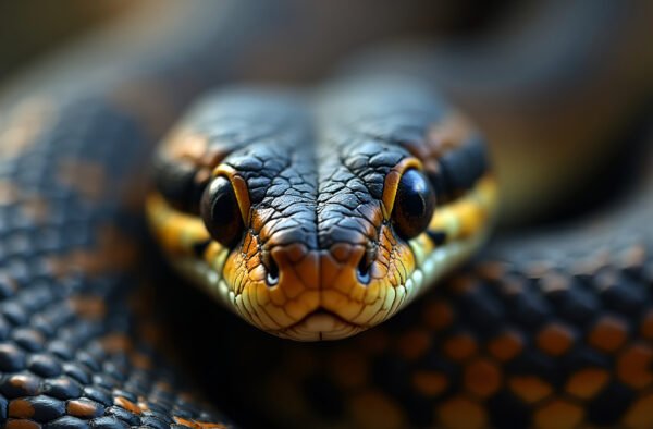 Detailed close-up of snake face showing intricate scale patterns and intense piercing eyes