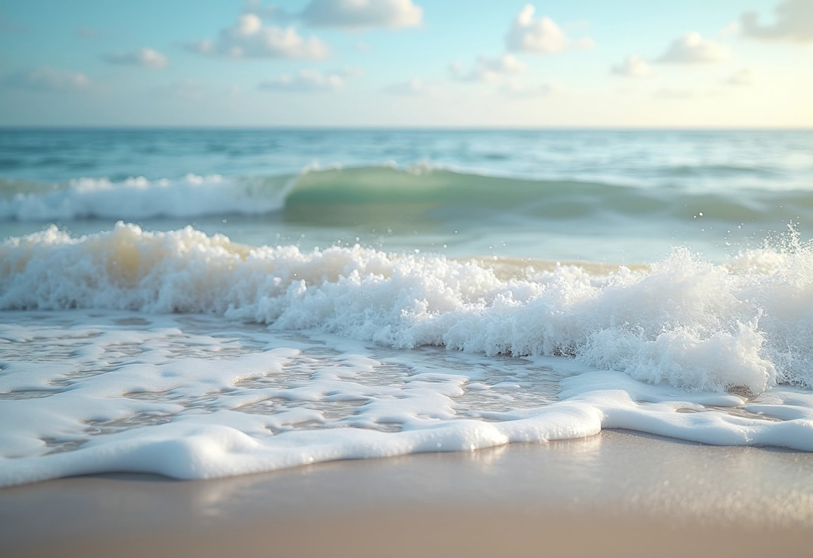 Soft ocean waves gently washing up onto sandy beach shore with white foam