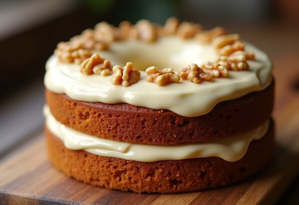 carrot cake with a thick layer of cream cheese frosting and chopped walnuts