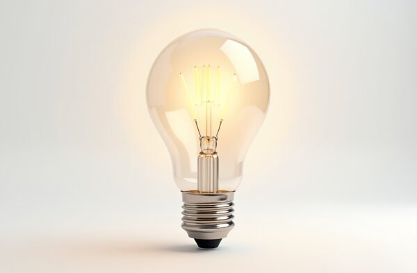 A standard incandescent lightbulb, appearing as if it’s softly glowing, isolated on white background
