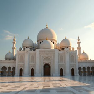 A stunning mosque with intricate geometric patterns, large domes, and towering minarets