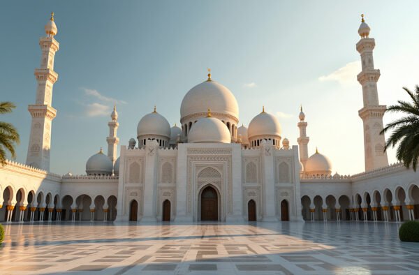 A stunning mosque with intricate geometric patterns, large domes, and towering minarets