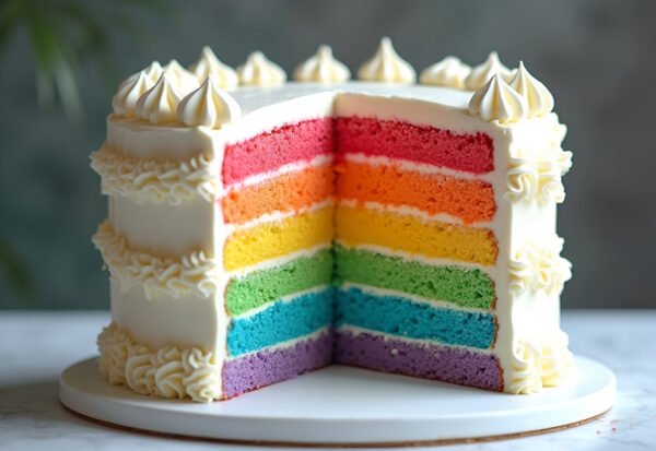 rainbow-layered cake with bright colors and a white frosting exterior