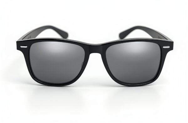 A stylish pair of sunglasses with a black frame and reflective lenses, isolated on white background