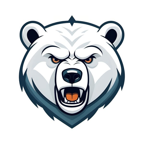 Stylized cartoon angry polar bear head mascot, vector flat logo, simple lines, cute cartoon illustration, white backdrop