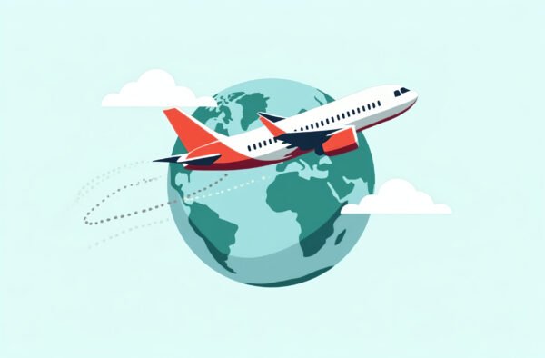 A stylized vector of an airplane soaring above a simplified globe, symbolizing global travel