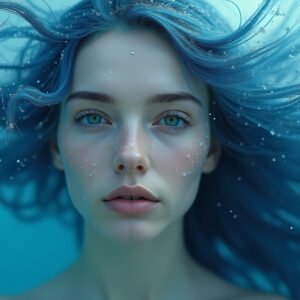 surreal, A dreamlike portrait blending a woman face, with water and blue hair