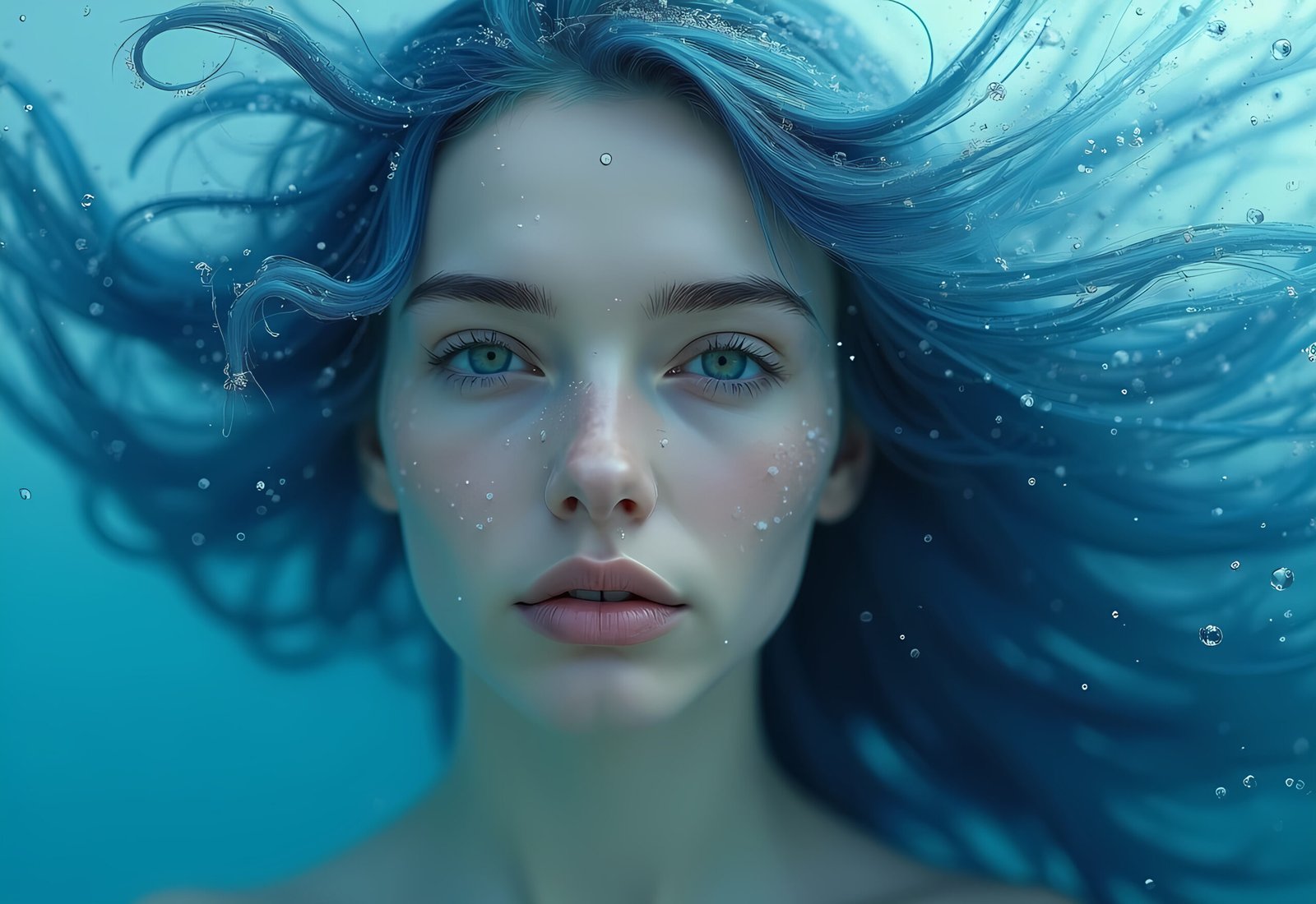 surreal, A dreamlike portrait blending a woman face, with water and blue hair