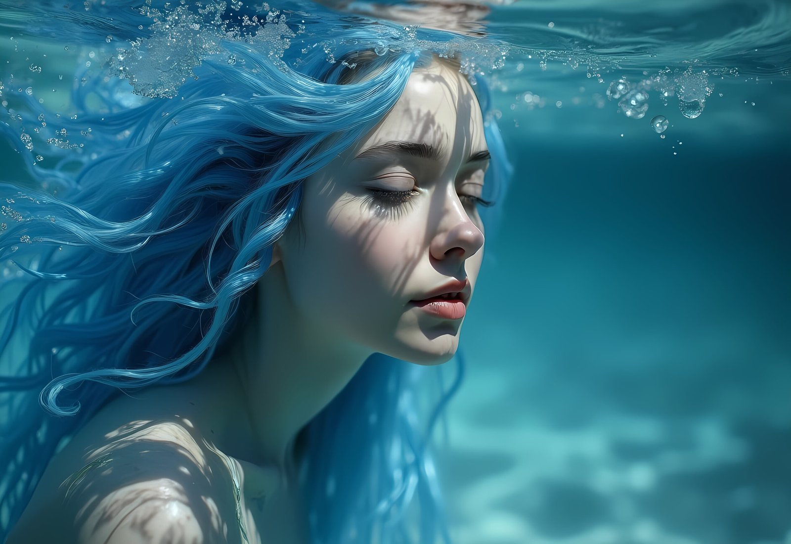 surreal, A dreamlike portrait blending a woman face, her hair is made of blue water