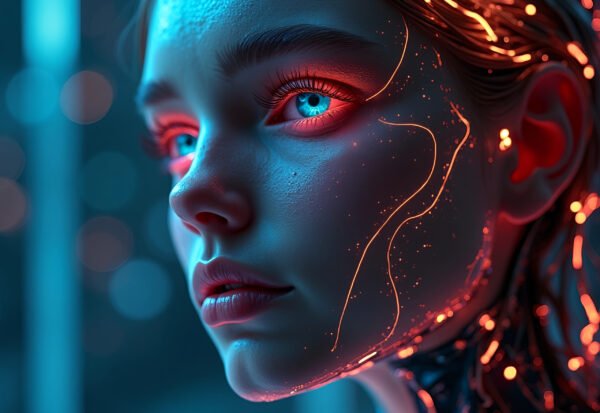 Futuristic digital artwork of woman with neon lights face
