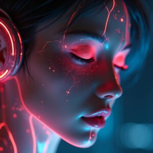 surreal, xaA futuristic human face with glowing neon lines and cybernetic enhancements