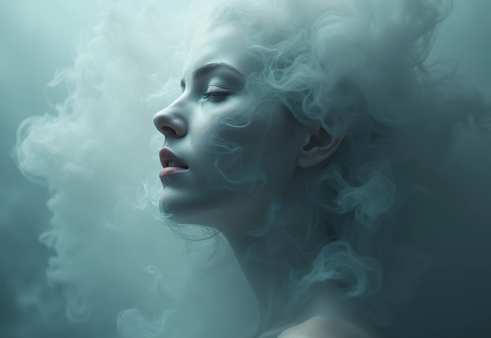 Surreal ethereal woman face emerging from and dissolving into swirling smoke and mist effects