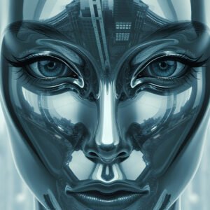 Futuristic metallic reflective human face with chrome finish representing AI and technology themes