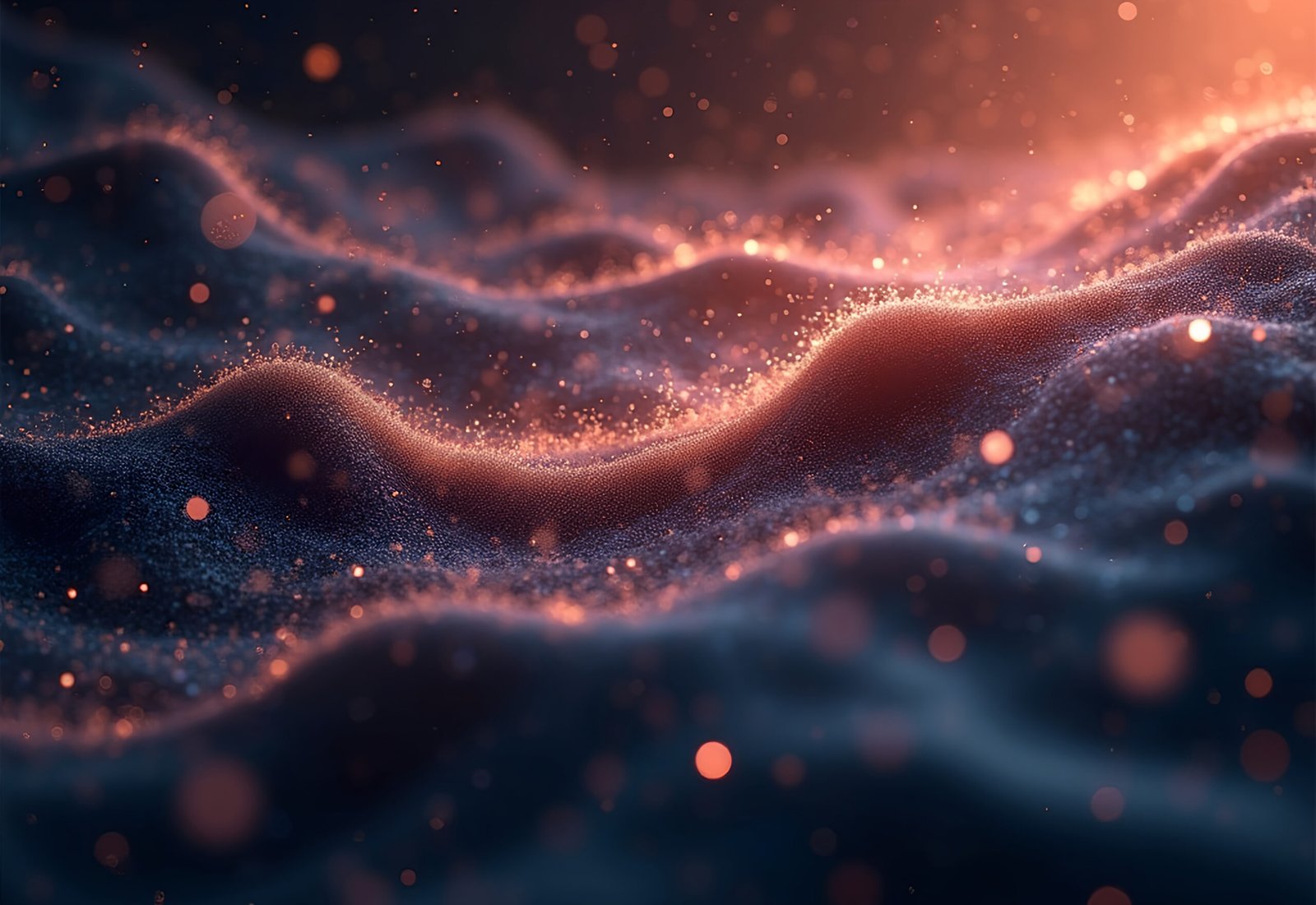 surreal mix of floating particles and dark energy waves in deep-space tones