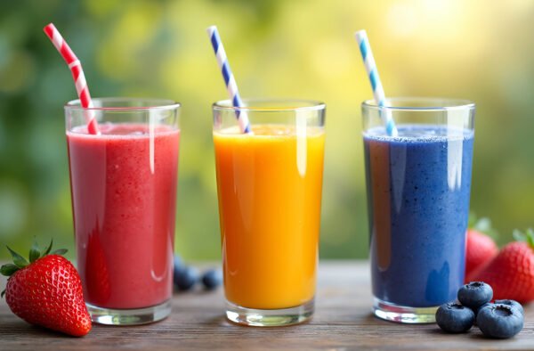 Three vibrant fruit smoothies—strawberry, mango, and blueberry—in tall glasses with straws
