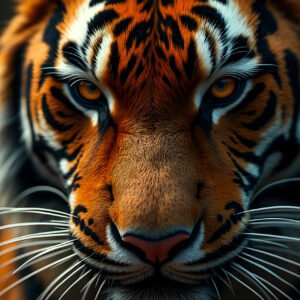 Close-up portrait of tiger face showing intense amber eyes and distinctive orange black striped fur pattern