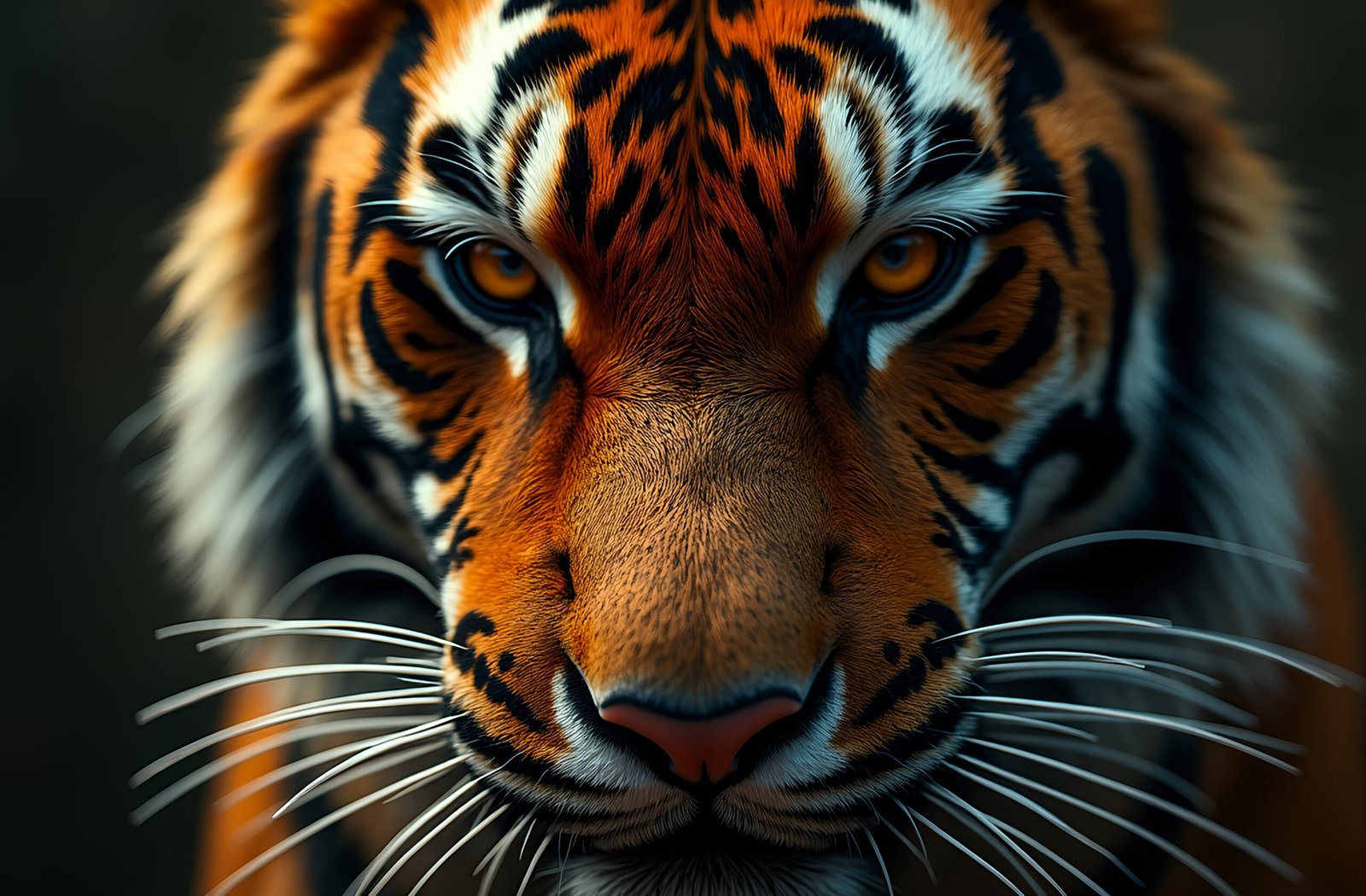 Close-up portrait of tiger face showing intense amber eyes and distinctive orange black striped fur pattern