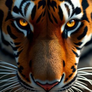 Tiger face close-up with intense eyes and bold striped fur