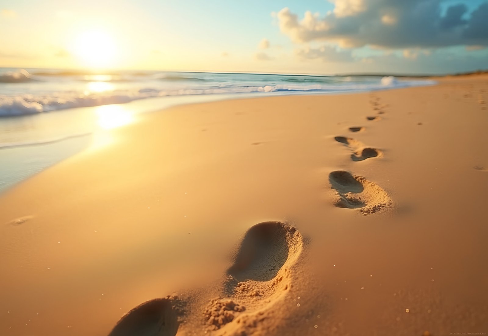 Footprints impression in soft beach sand along coastal shoreline showing travel and journey