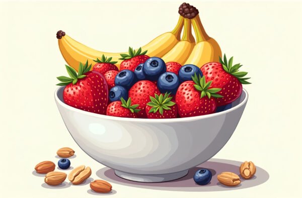 A vector bowl filled with fresh strawberries, blueberries, bananas, and nuts, drawn in a clean modern style