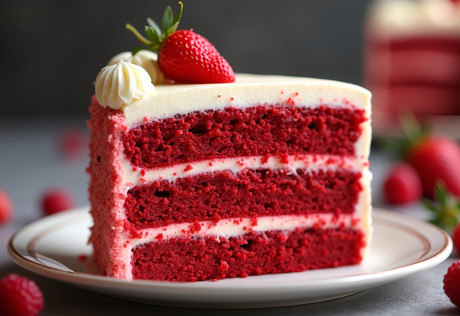 Slice of red velvet cake showing deep red layers with white cream cheese frosting