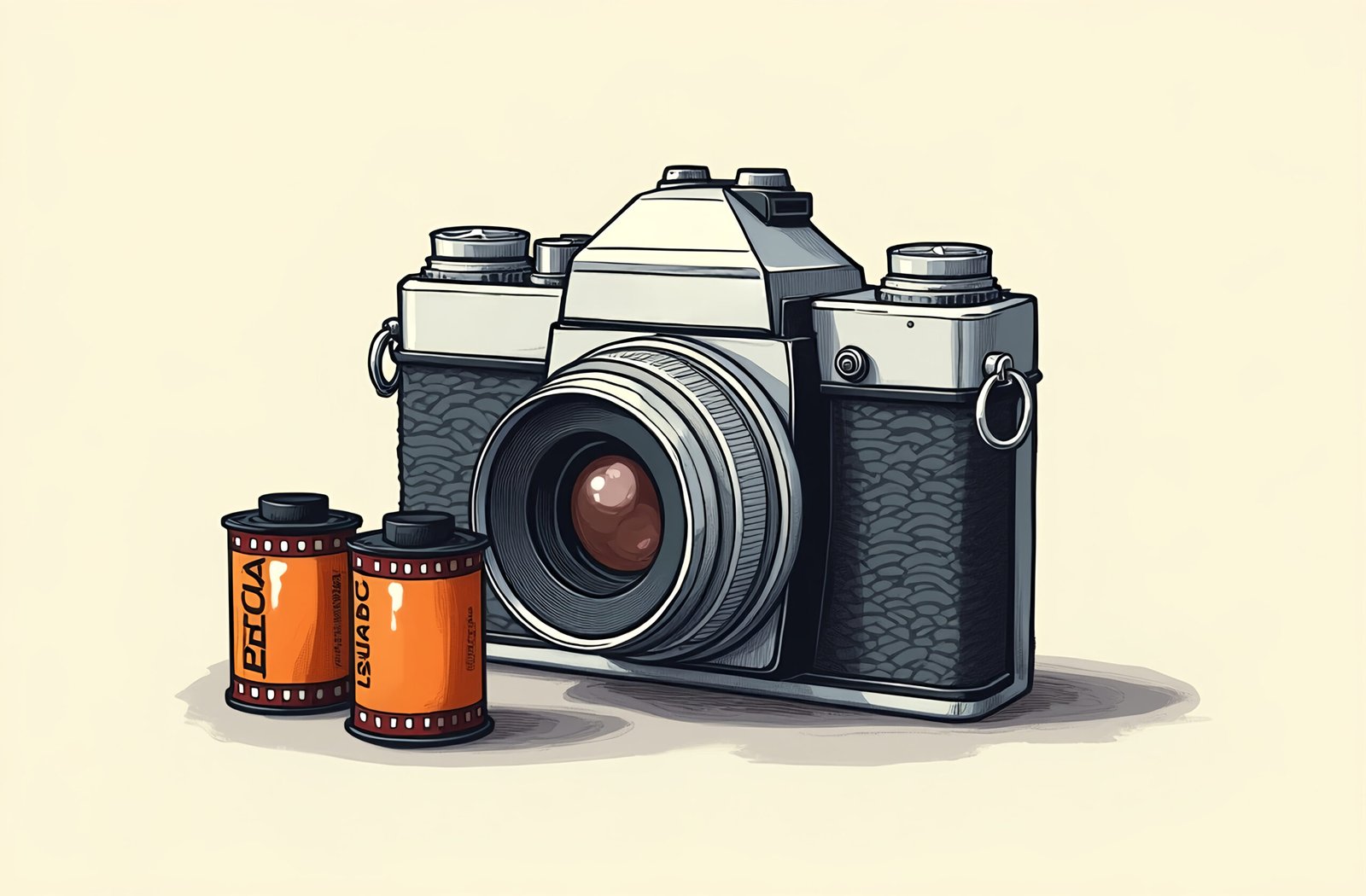Retro film camera vector drawing with film roll—vintage illustration ideal for photography, creative design, and retro branding