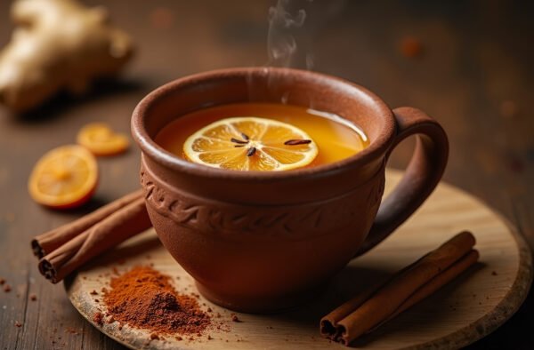 A warm, spiced Indian chai served in a clay cup with cardamom, cinnamon, and ginger