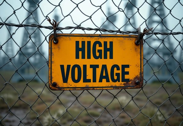 warning sign attached to a chain-link fence near an electrical substation reads "High Voltage"