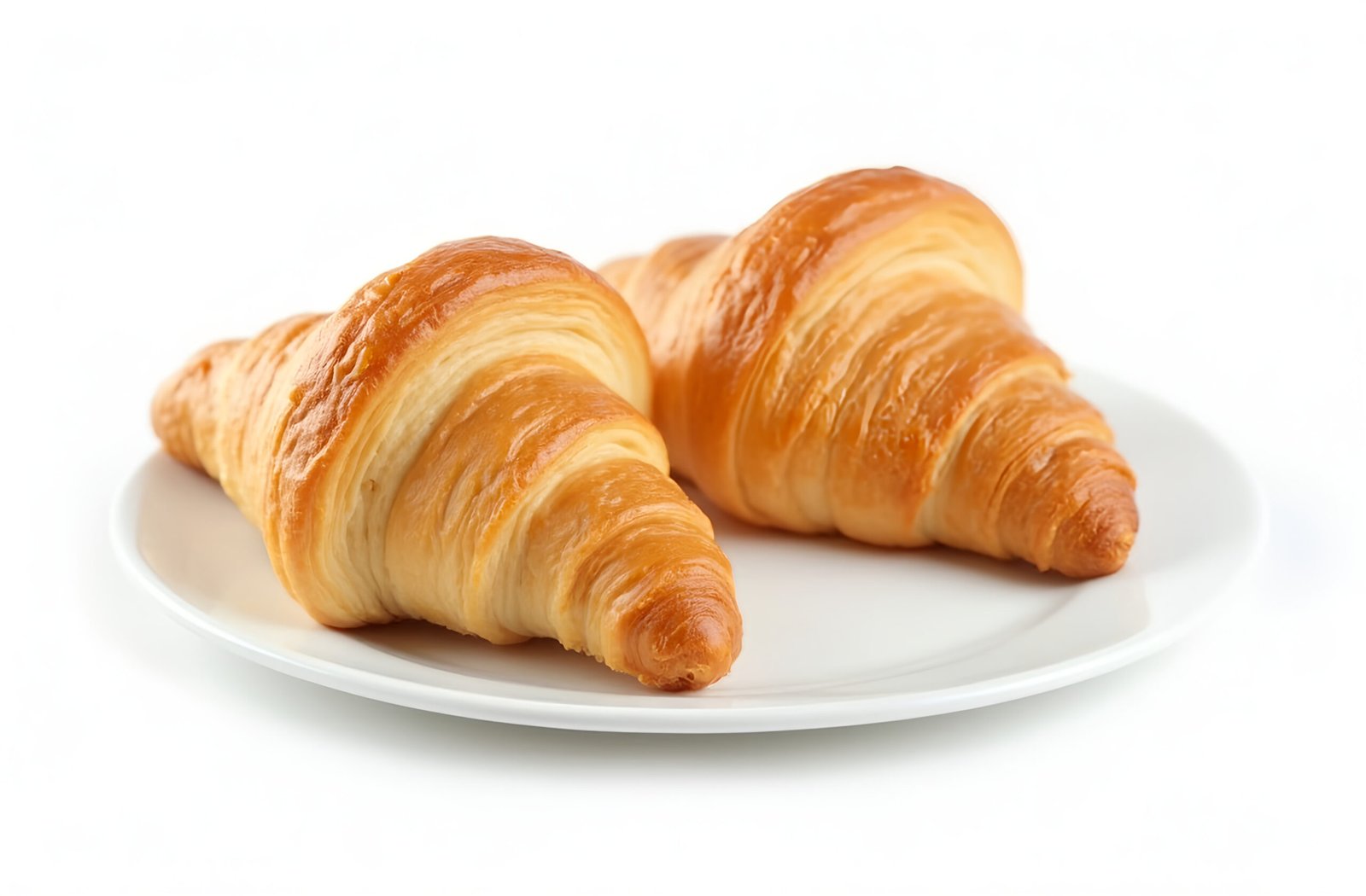 A white plate with golden croissants isolated on white background