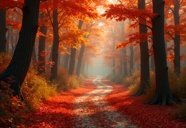 A winding forest path surrounded by vibrant autumn leaves in shades of red, orange, and yellow