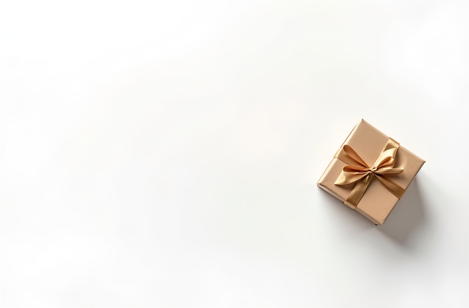 Wrapped gift box with decorative bow and ribbon positioned in corner with large white copy space