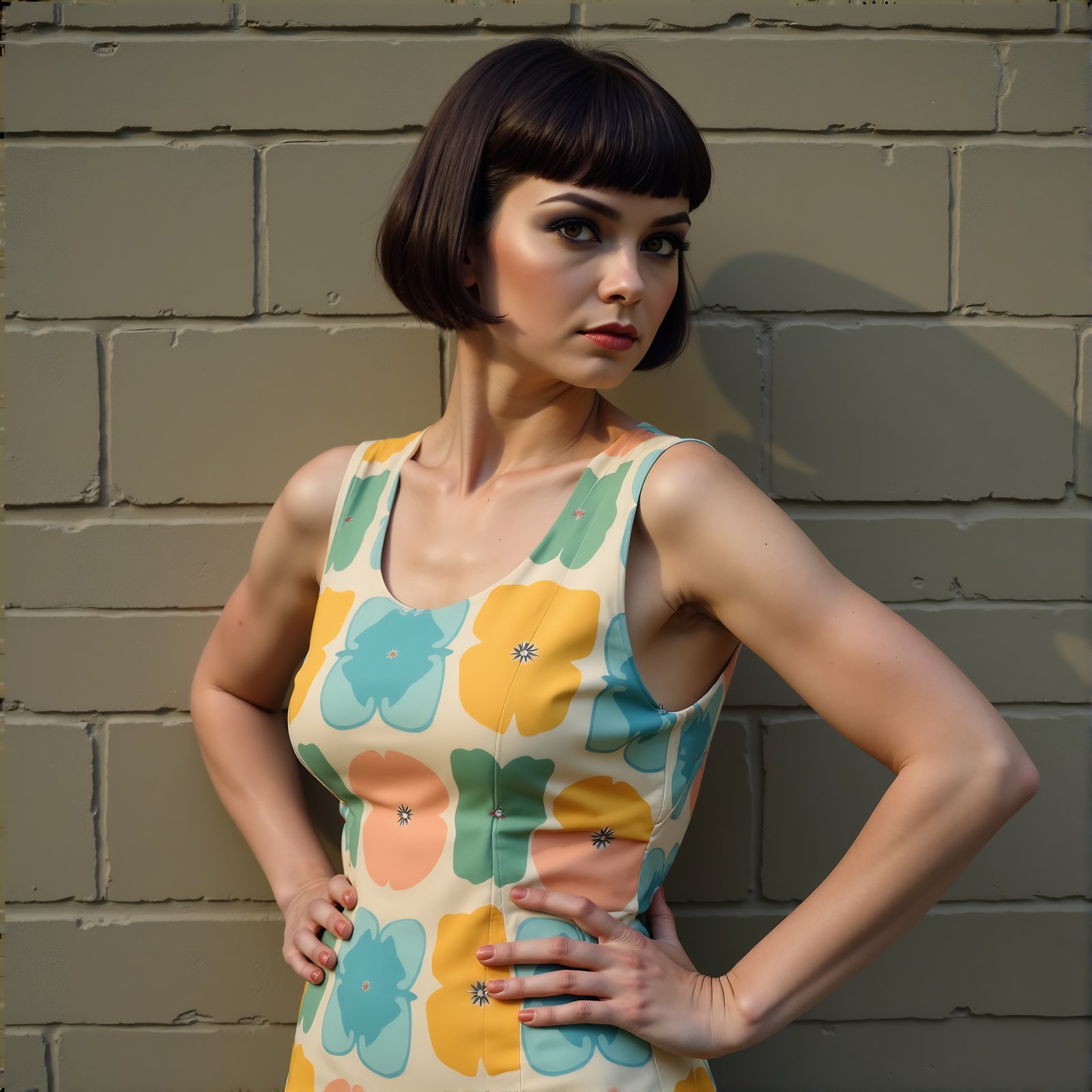 Curvy woman in colorful mod pattern dress posing against brick wall