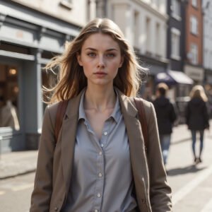 Tall young woman walking along a city street—free image for lifestyle, urban or fashion visuals.