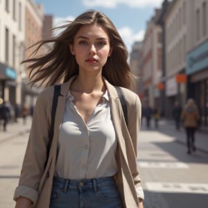 Tall young woman walking down a busy high-street in urban setting—lifestyle photo