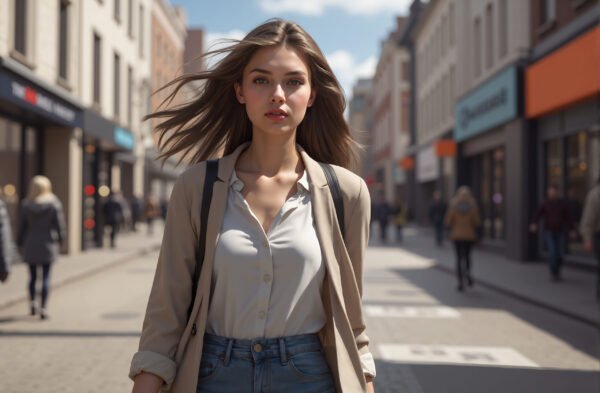 Tall young woman walking down the high street, detailed clothing, realistic, natural lighting